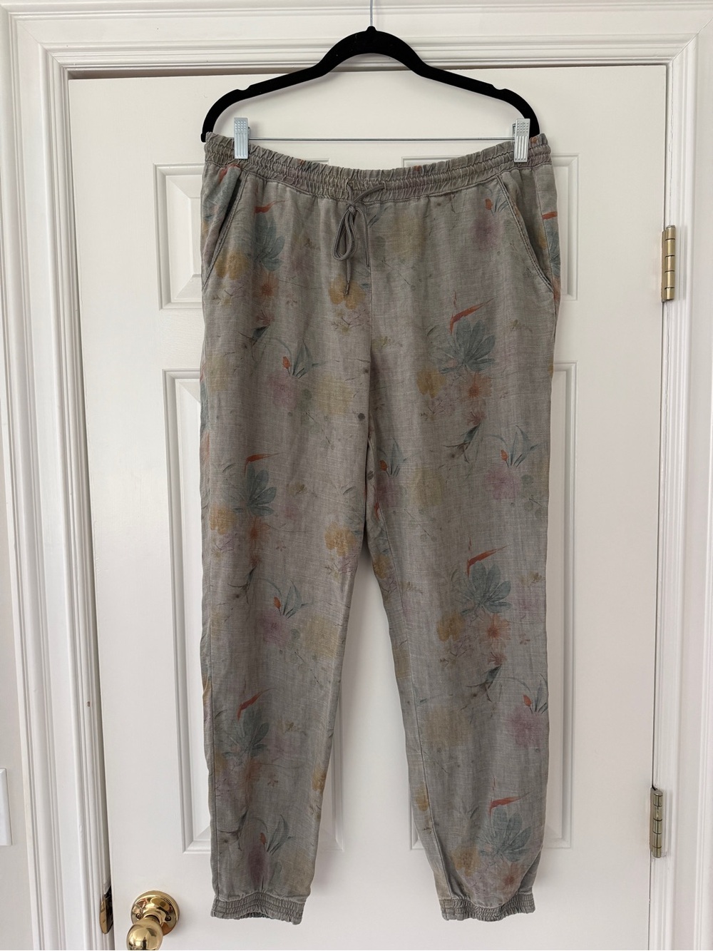 Women’s Casual Drawstring Linen Jogger Pants - Gray Floral